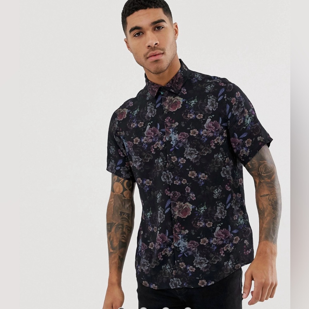 ASOS Black Short Sleeve Floral Button-Down Shirt